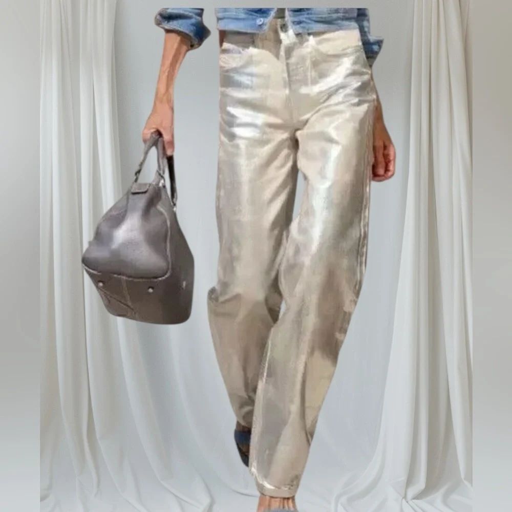 ZARA WOMEN’S THE BOY BOY FIT SILVER RELAX FIT WIDE LEG MID WAIST JEANS NWOT